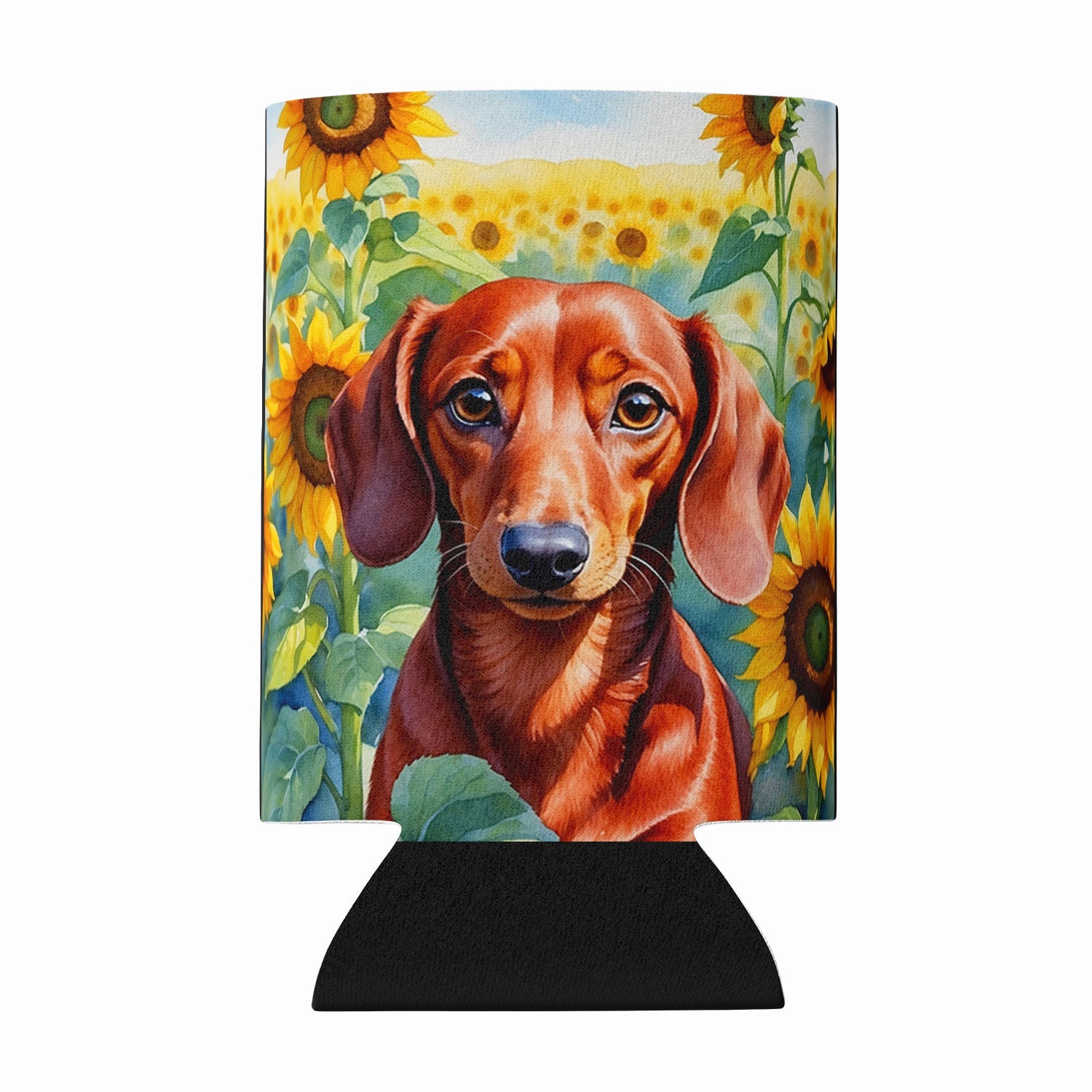 Dachshund in Sunflowers Can or Bottle Hugger Cooler Sleeve for Standard 12 oz Cans, Insulated Foam Beer & Soda Can Hugger Reusable