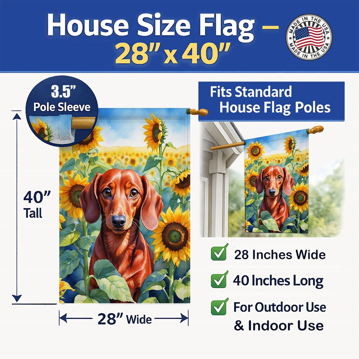 Dachshund in Sunflowers House Flag 28x40 Porch Sleeve Pole Decorative Outside Yard Banner Artwork Wall Hanging, Polyester