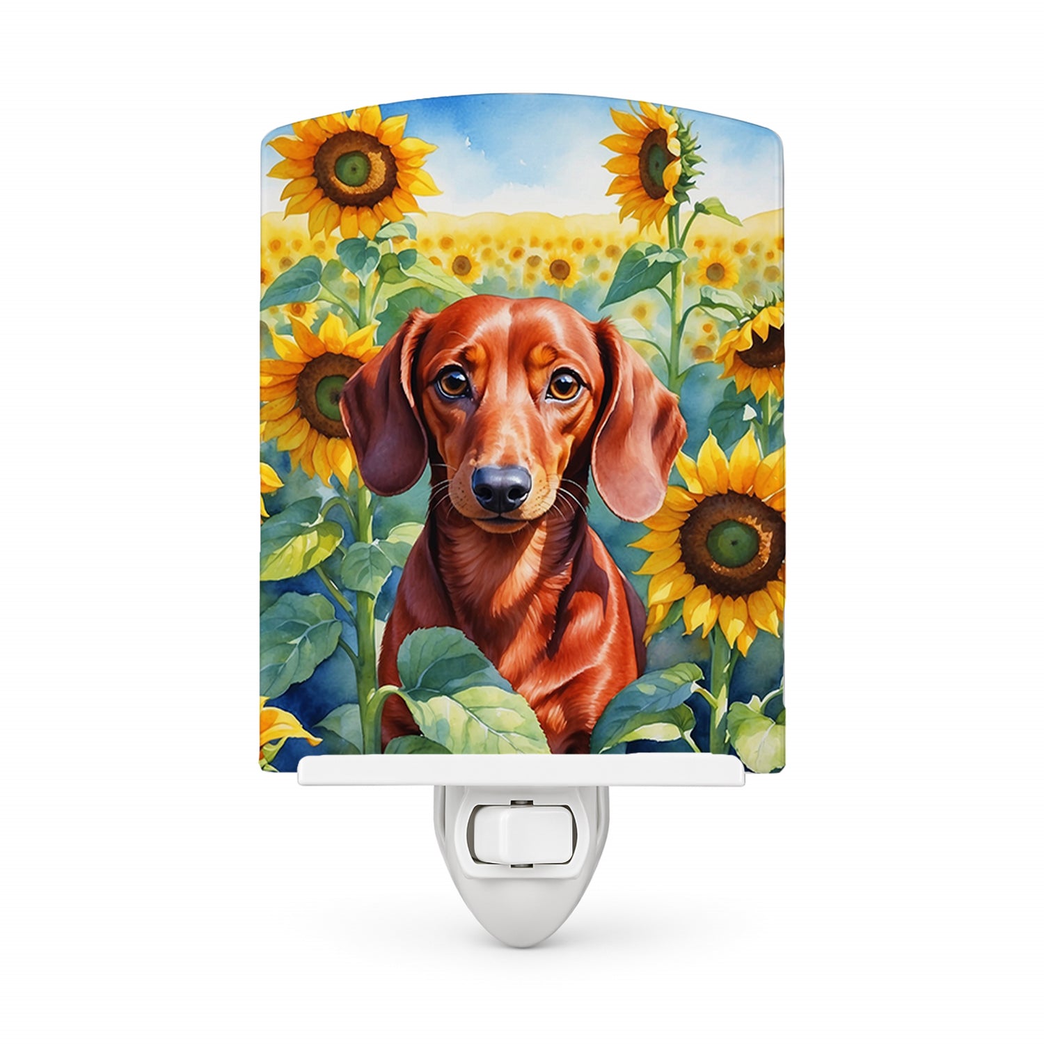 Dachshund in Sunflowers Ceramic Night Light Compact, UL-Certified, Ideal for Bedroom, Bathroom, Nursery, Hallway, Kitchen, 6x4x3, Multicolor