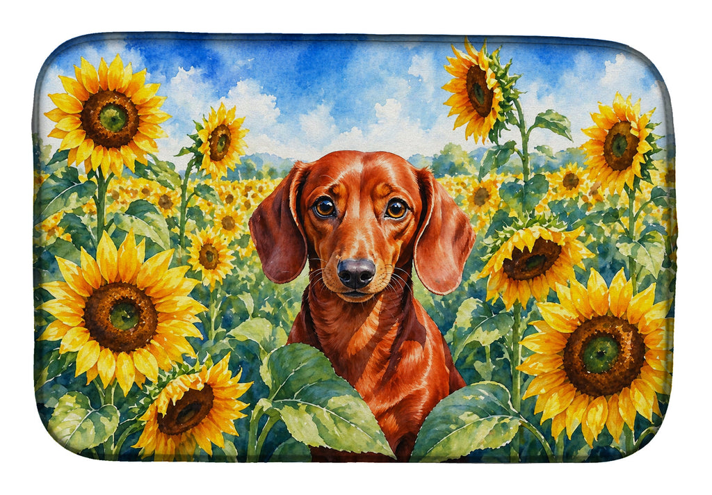 Dachshund in Sunflowers Dish Drying Mat Absorbent Dish Drying Mat Pad for Kitchen Counter Dish Drainer Mat for Countertop, 14 x 21", Multicolor