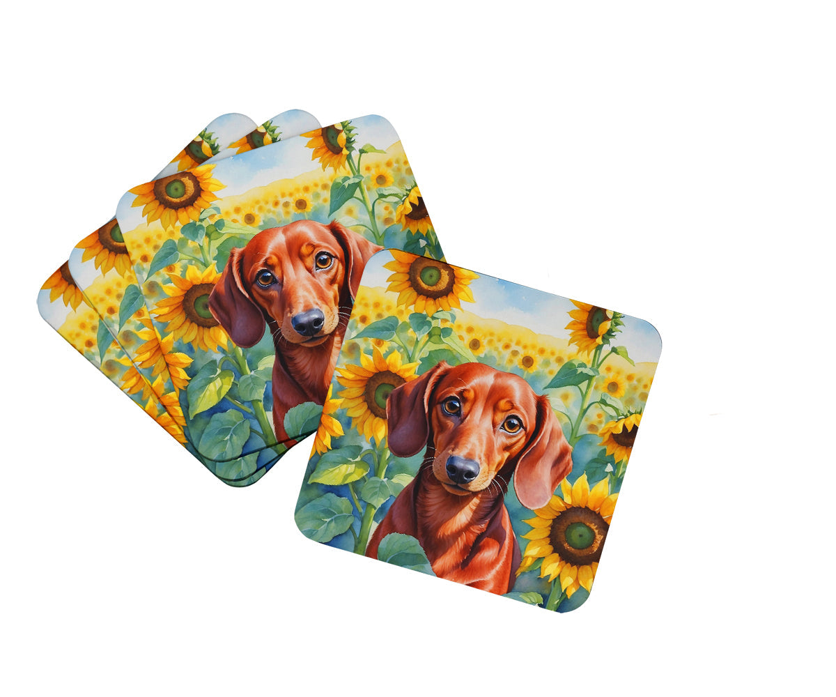 Dachshund in Sunflowers Foam Coasters Set of 4 Cup Coasters for Indoor Outdoor, Tabletop Protection, Anti Slip, Mouse pad Material