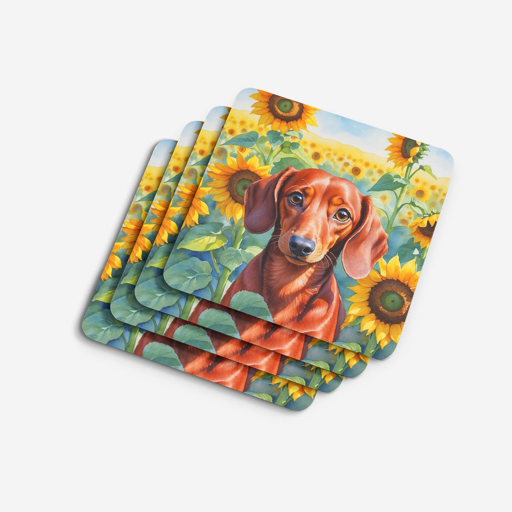 Dachshund in Sunflowers Foam Coasters Set of 4 Cup Coasters for Indoor Outdoor, Tabletop Protection, Anti Slip, Mouse pad Material