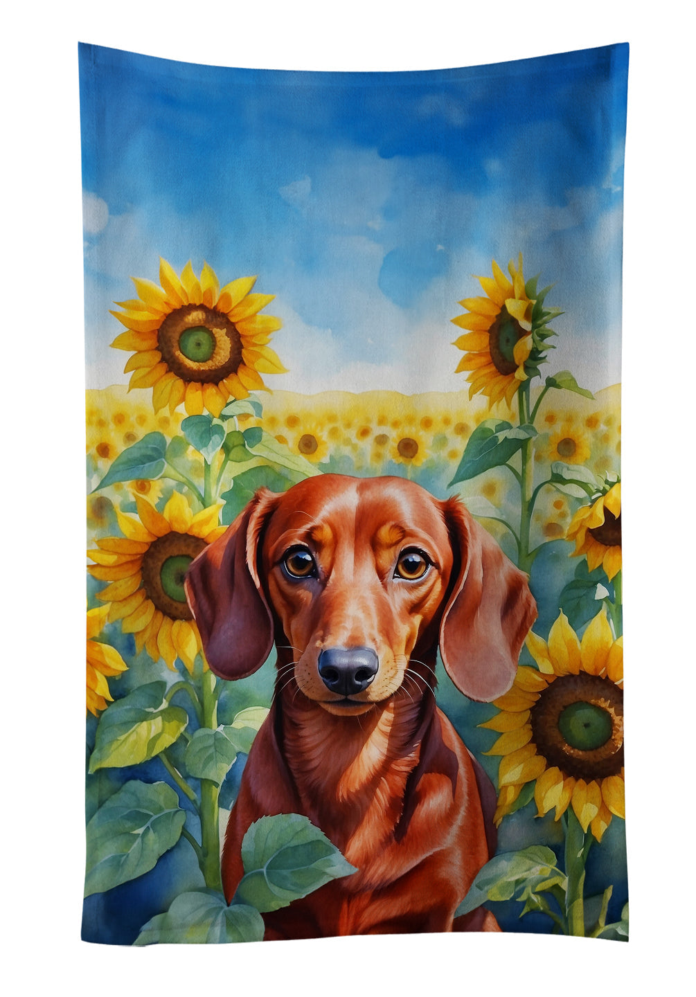 Dachshund in Sunflowers Kitchen Towel Velour Plush Front and Cotton Loop Back Machine Washable