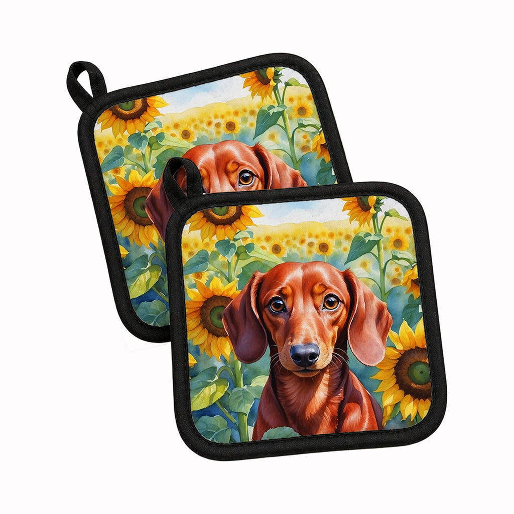 Dachshund in Sunflowers Pot Holder Set of 2 Heat Resistant Quilted Hot Pads 7.5 x 7.5 Inch, Insulated Kitchen Trivets for Cooking & Baking