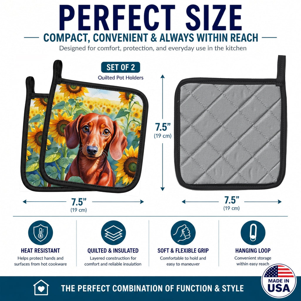 Dachshund in Sunflowers Pot Holder Set of 2 Heat Resistant Quilted Hot Pads 7.5 x 7.5 Inch, Insulated Kitchen Trivets for Cooking & Baking