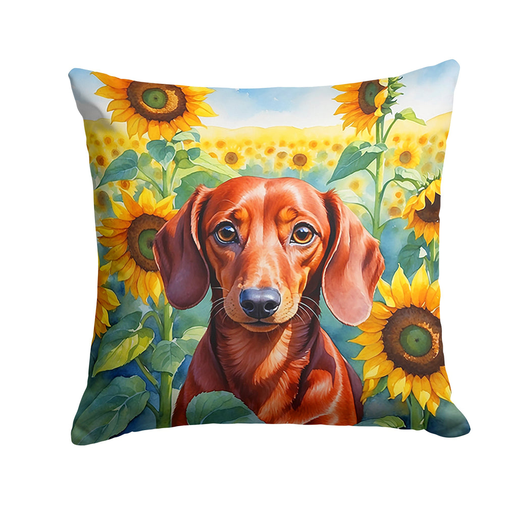 Dachshund in Sunflowers Decorative Throw Pillow 14x14 Indoor Outdoor Accent Cushion, Fabric Cover with Insert for Sofa, Bed, Porch & Living Room