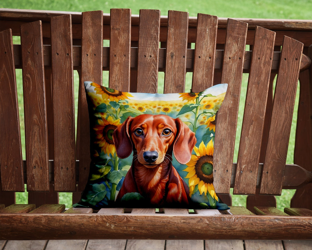 Dachshund in Sunflowers Decorative Throw Pillow 14x14 Indoor Outdoor Accent Cushion, Fabric Cover with Insert for Sofa, Bed, Porch & Living Room