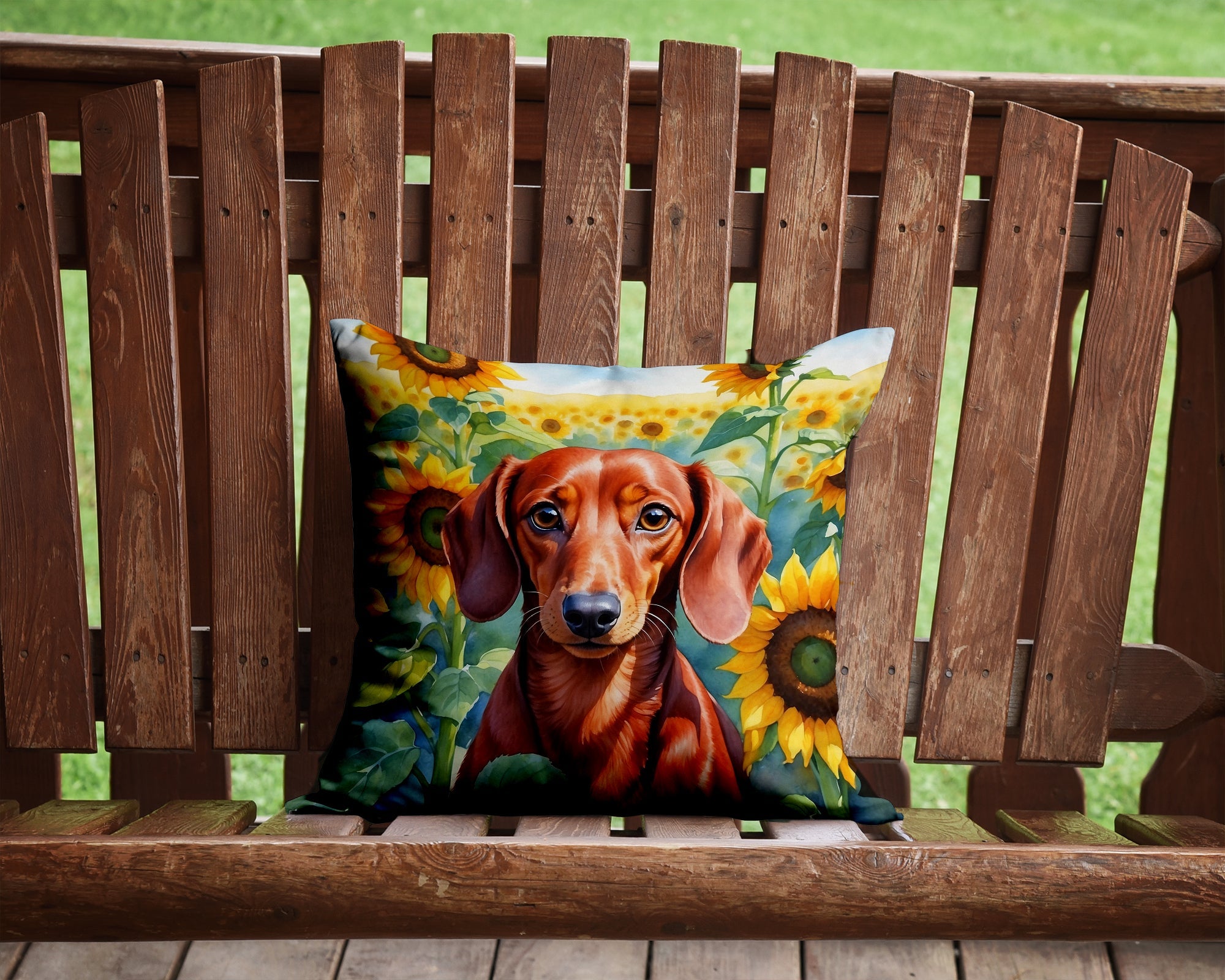 Dachshund in Sunflowers Decorative Throw Pillow 14x14 Indoor Outdoor Accent Cushion, Fabric Cover with Insert for Sofa, Bed, Porch & Living Room