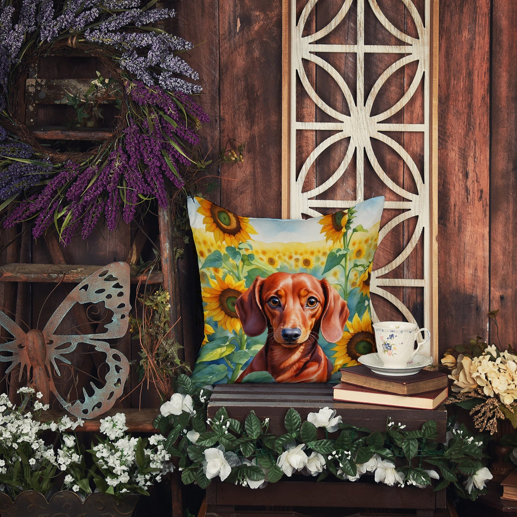Dachshund in Sunflowers Decorative Throw Pillow 14x14 Indoor Outdoor Accent Cushion, Fabric Cover with Insert for Sofa, Bed, Porch & Living Room