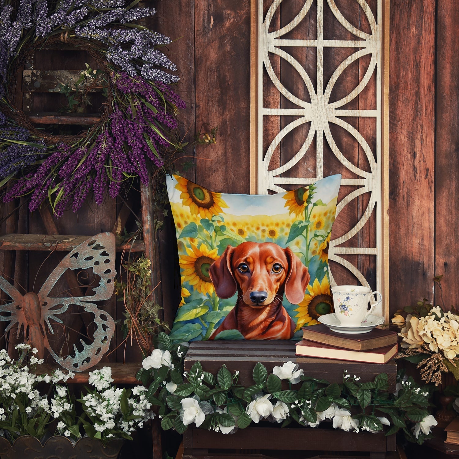 Dachshund in Sunflowers Decorative Throw Pillow 14x14 Indoor Outdoor Accent Cushion, Fabric Cover with Insert for Sofa, Bed, Porch & Living Room