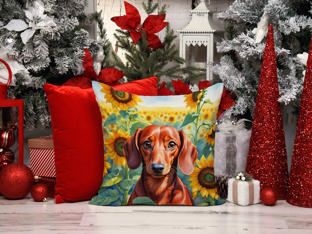 Dachshund in Sunflowers Decorative Throw Pillow 14x14 Indoor Outdoor Accent Cushion, Fabric Cover with Insert for Sofa, Bed, Porch & Living Room