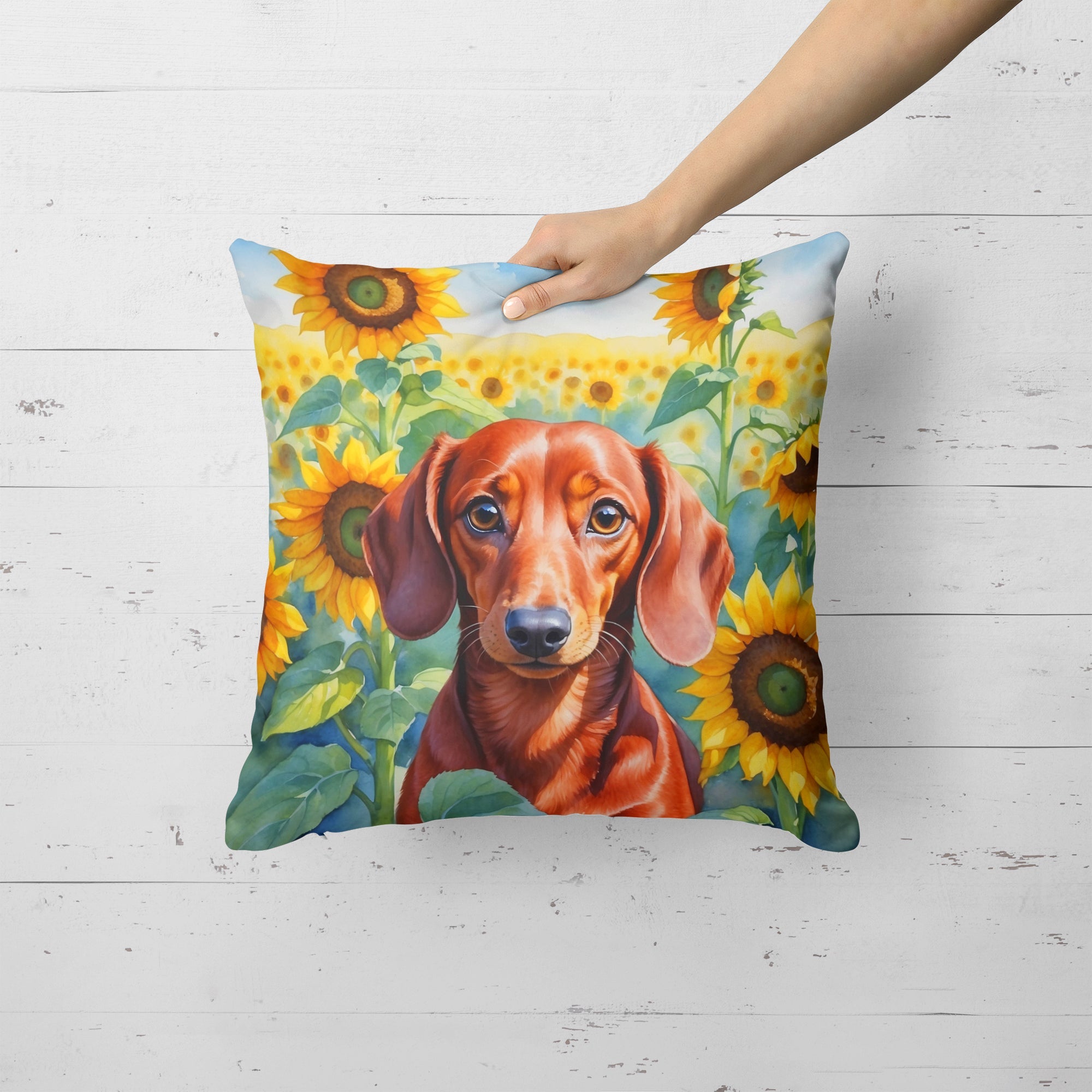 Dachshund in Sunflowers Decorative Throw Pillow 18x18 Indoor Outdoor Accent Cushion, Fabric Cover with Insert for Sofa, Bed, Porch & Living Room