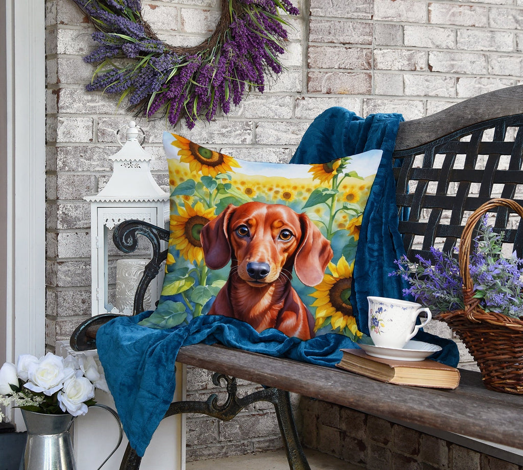 Dachshund in Sunflowers Decorative Throw Pillow 18x18 Indoor Outdoor Accent Cushion, Fabric Cover with Insert for Sofa, Bed, Porch & Living Room