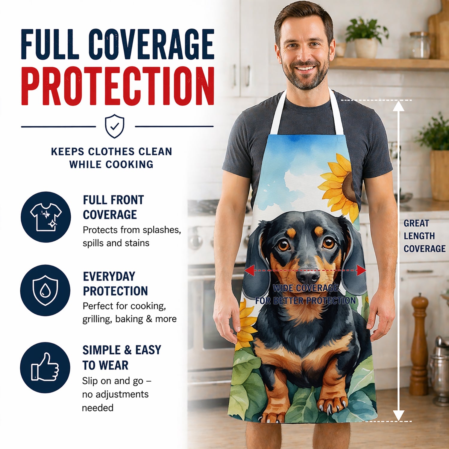 Dachshund in Sunflowers Apron Cooking Kitchen Server Baking Crafts Gardening for Adult Women Men, Unisex, Large, Multicolor