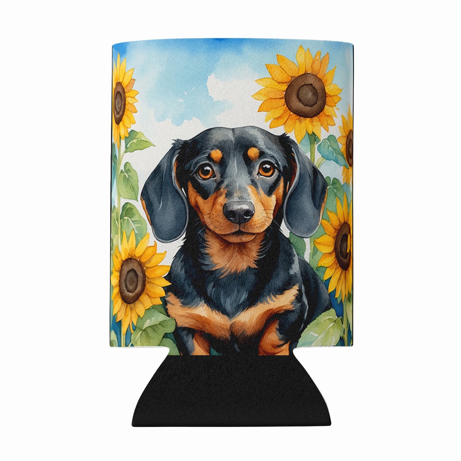 Dachshund in Sunflowers Can or Bottle Hugger Cooler Sleeve for Standard 12 oz Cans, Insulated Foam Beer & Soda Can Hugger Reusable