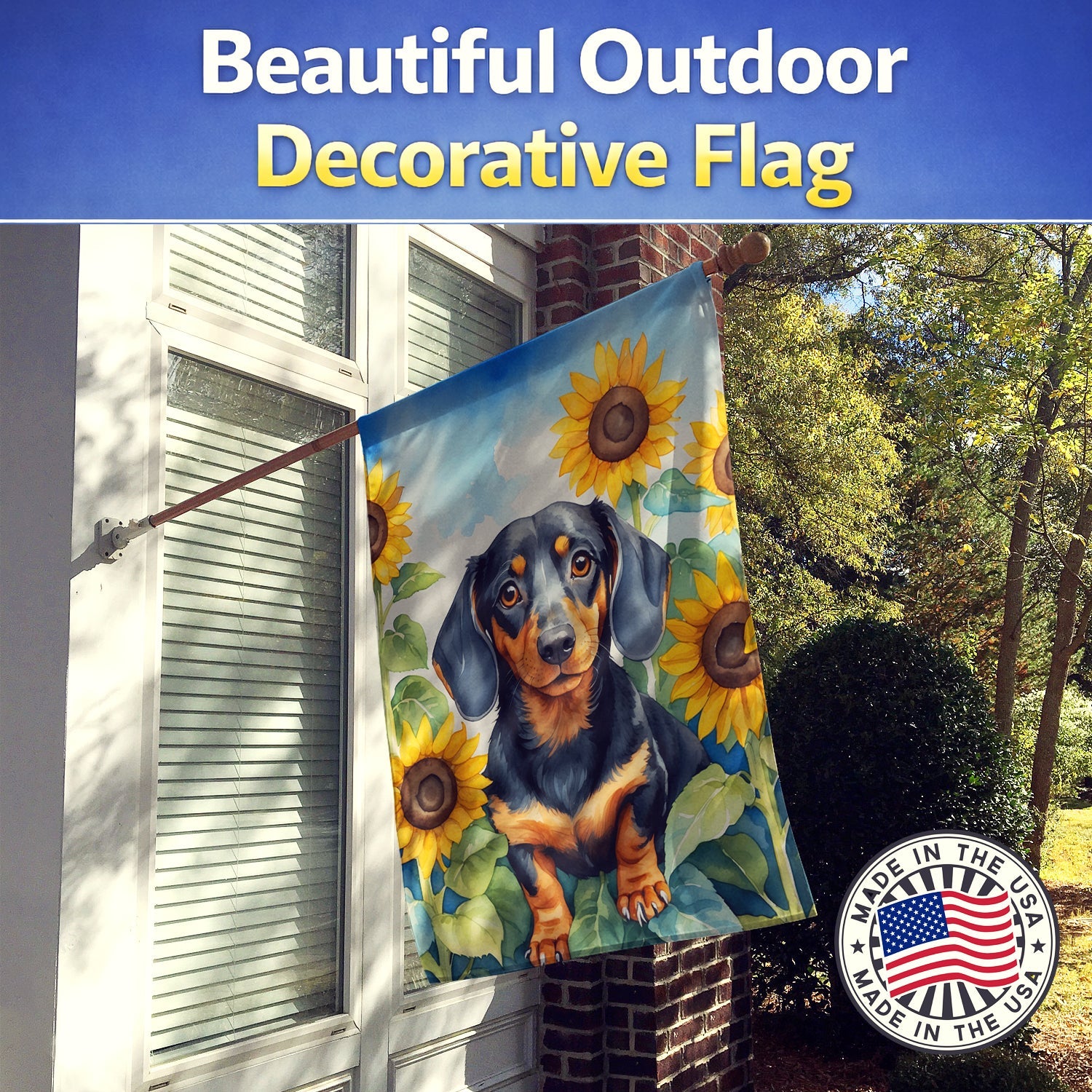 Dachshund in Sunflowers House Flag 28x40 Porch Sleeve Pole Decorative Outside Yard Banner Artwork Wall Hanging, Polyester