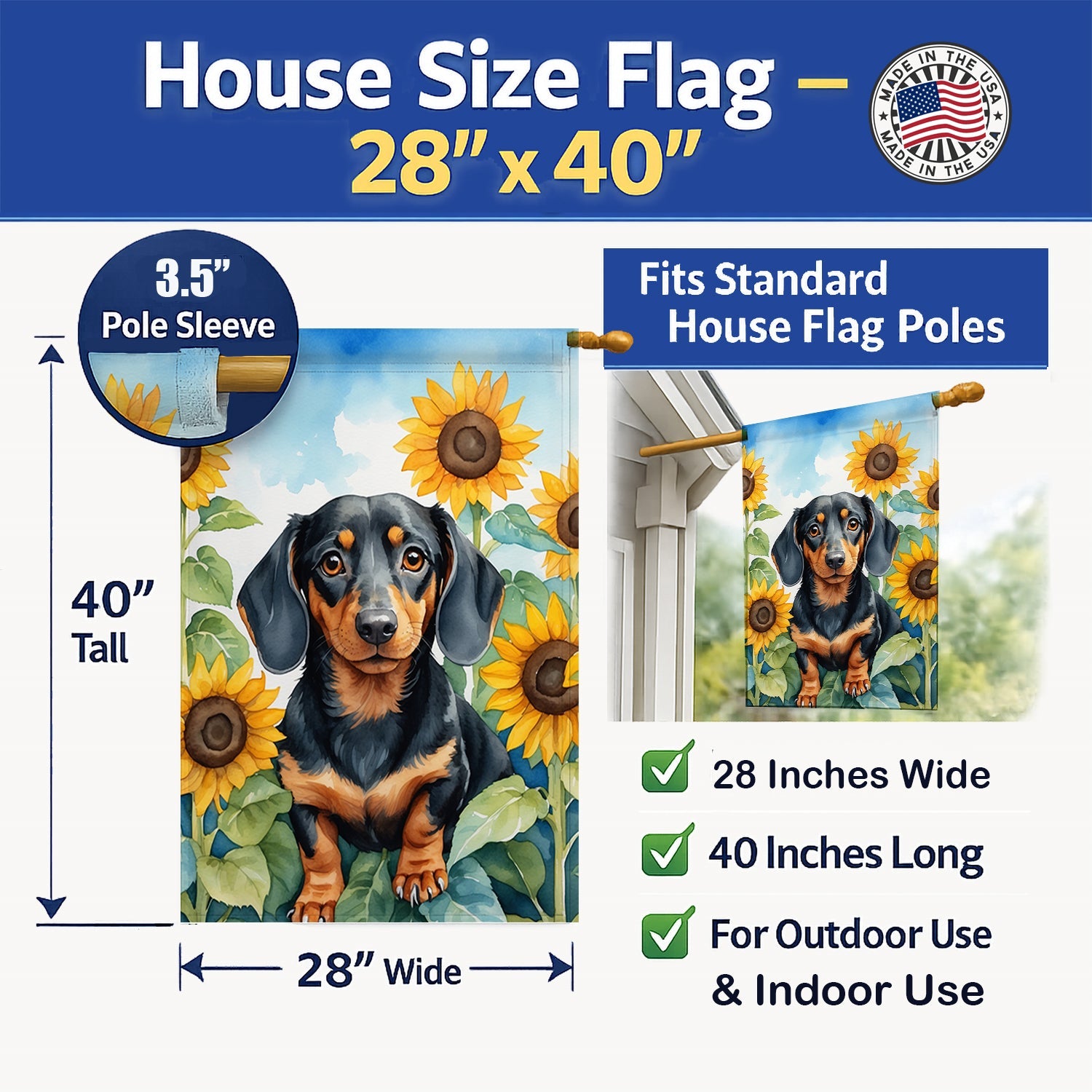 Dachshund in Sunflowers House Flag 28x40 Porch Sleeve Pole Decorative Outside Yard Banner Artwork Wall Hanging, Polyester