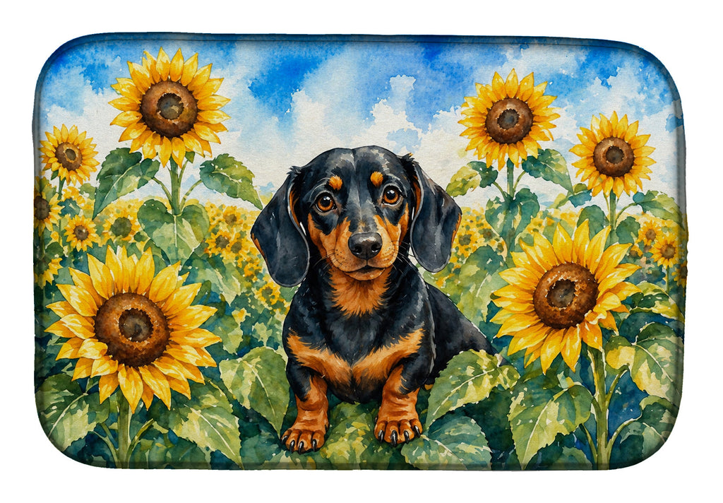 Dachshund in Sunflowers Dish Drying Mat Absorbent Dish Drying Mat Pad for Kitchen Counter Dish Drainer Mat for Countertop, 14 x 21", Multicolor