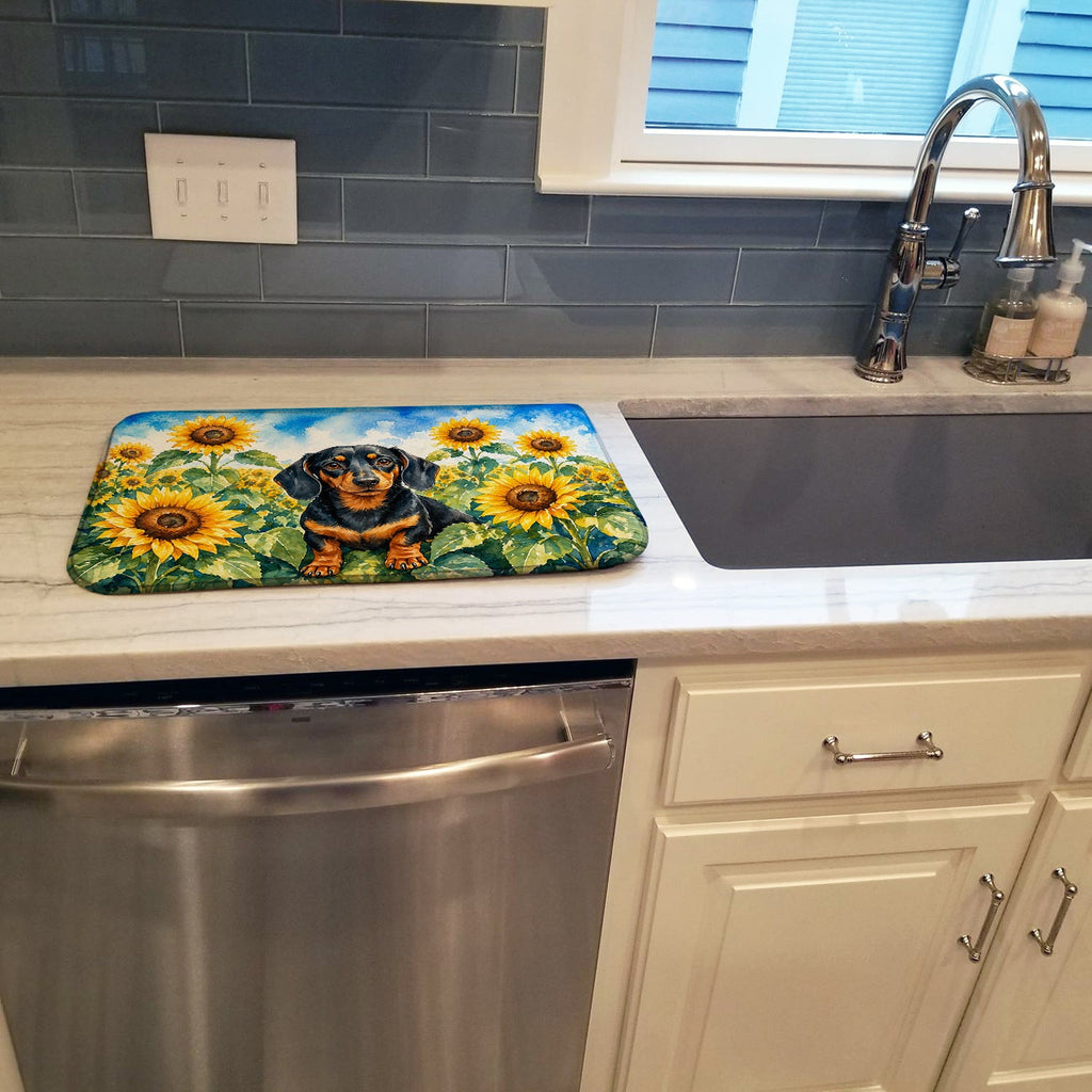 Dachshund in Sunflowers Dish Drying Mat Absorbent Dish Drying Mat Pad for Kitchen Counter Dish Drainer Mat for Countertop, 14 x 21", Multicolor