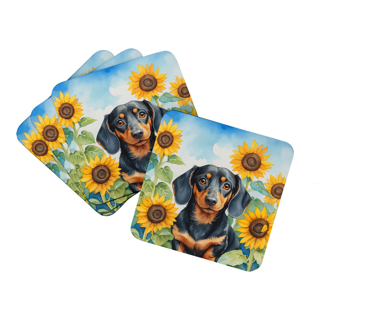 Dachshund in Sunflowers Foam Coasters Set of 4 Cup Coasters for Indoor Outdoor, Tabletop Protection, Anti Slip, Mouse pad Material