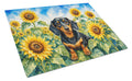 Dachshund in Sunflowers Cutting Board Tempered Glass Kitchen Cutting Surface, Heat Resistant Chopping Board with Non-Slip Feet, Decorative Food Prep & Serving