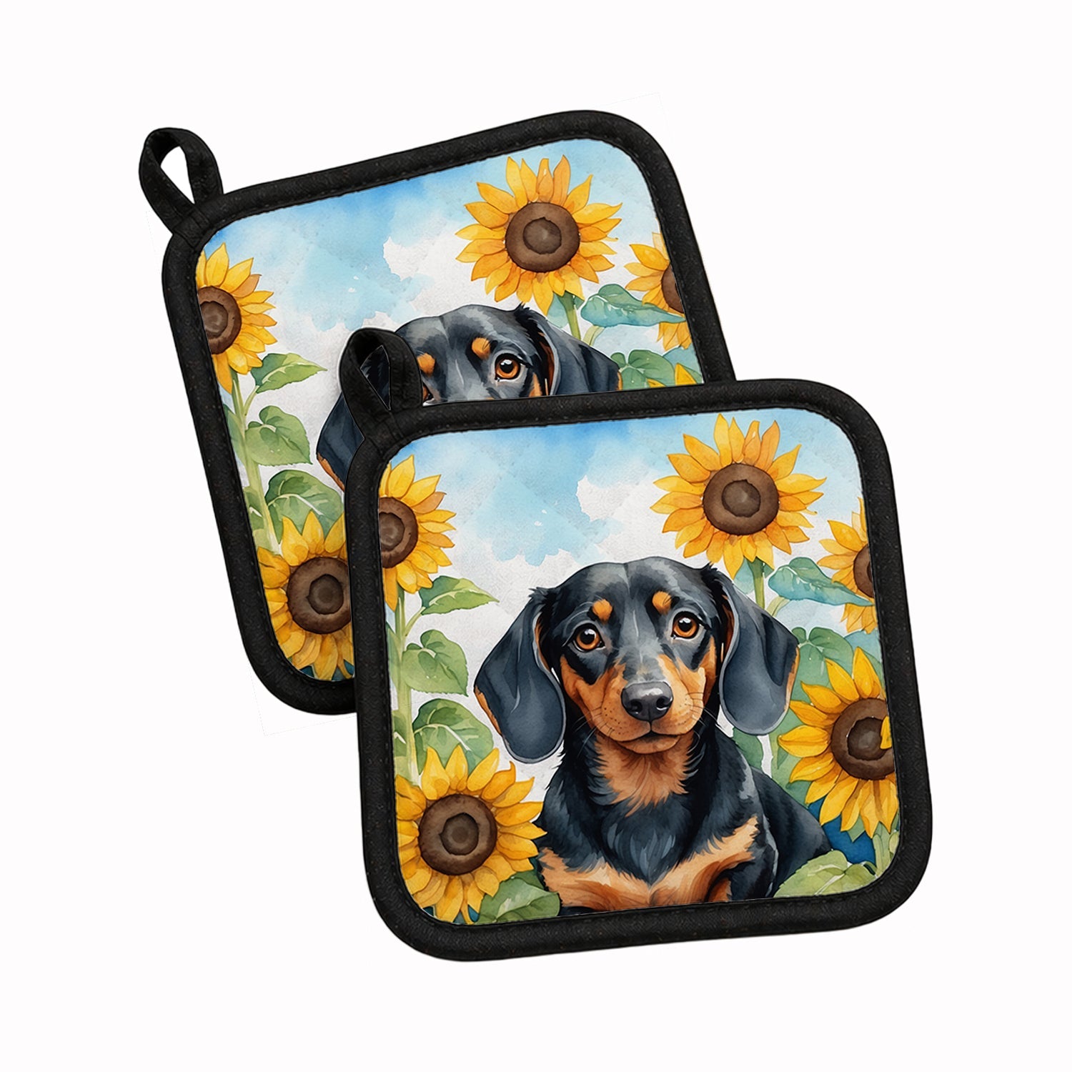 Dachshund in Sunflowers Pot Holder Set of 2 Heat Resistant Quilted Hot Pads 7.5 x 7.5 Inch, Insulated Kitchen Trivets for Cooking & Baking