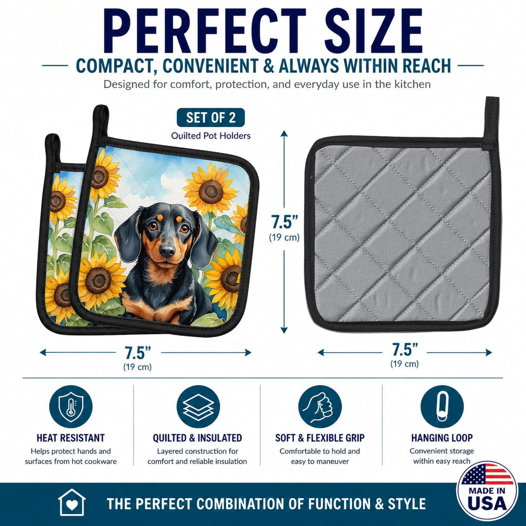 Dachshund in Sunflowers Pot Holder Set of 2 Heat Resistant Quilted Hot Pads 7.5 x 7.5 Inch, Insulated Kitchen Trivets for Cooking & Baking