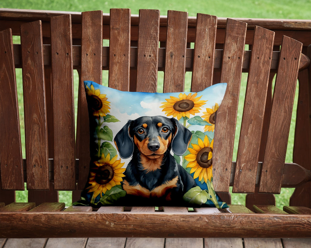 Dachshund in Sunflowers Decorative Throw Pillow 14x14 Indoor Outdoor Accent Cushion, Fabric Cover with Insert for Sofa, Bed, Porch & Living Room