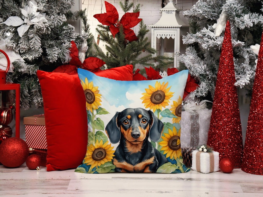Dachshund in Sunflowers Decorative Throw Pillow 14x14 Indoor Outdoor Accent Cushion, Fabric Cover with Insert for Sofa, Bed, Porch & Living Room