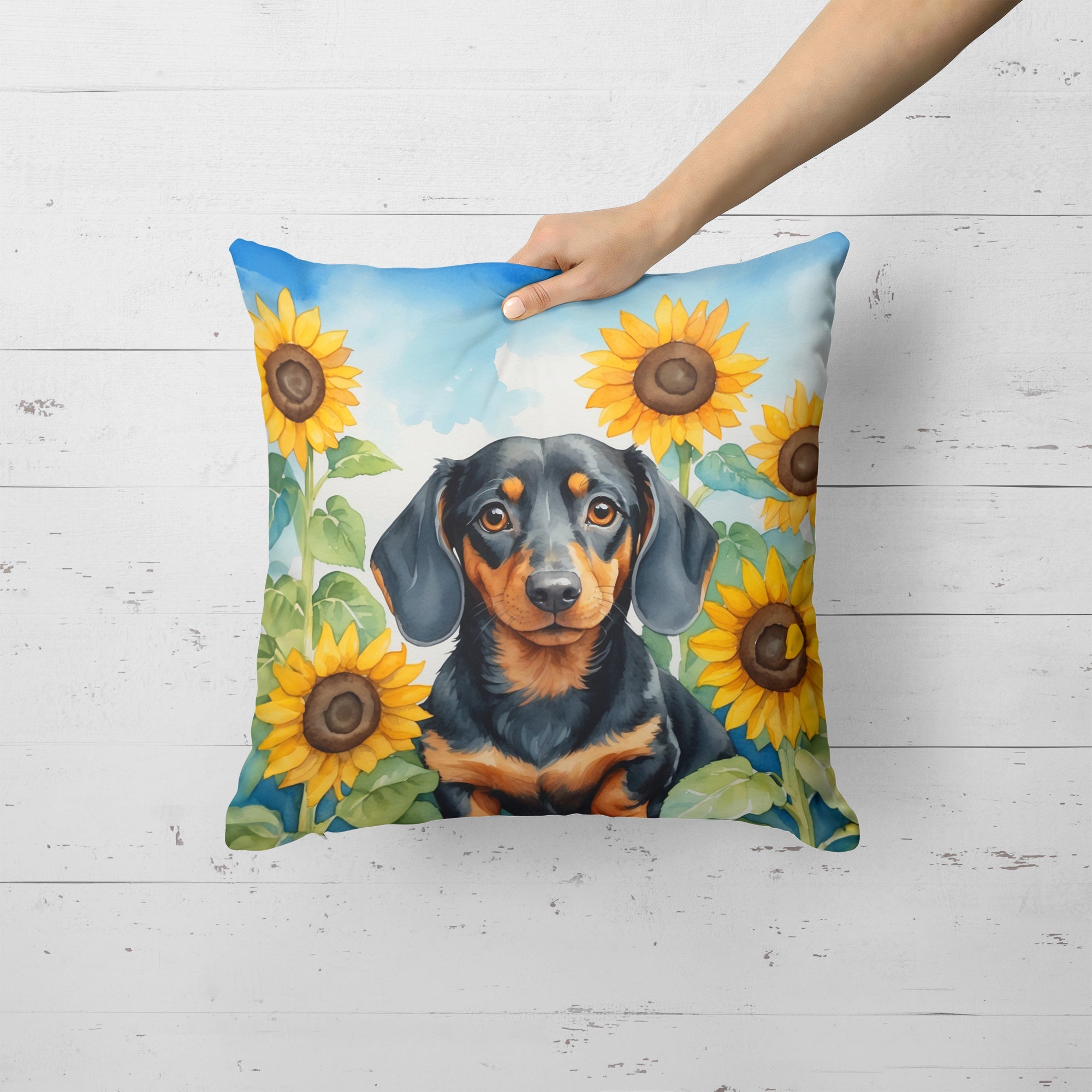 Dachshund in Sunflowers Decorative Throw Pillow 18x18 Indoor Outdoor Accent Cushion, Fabric Cover with Insert for Sofa, Bed, Porch & Living Room