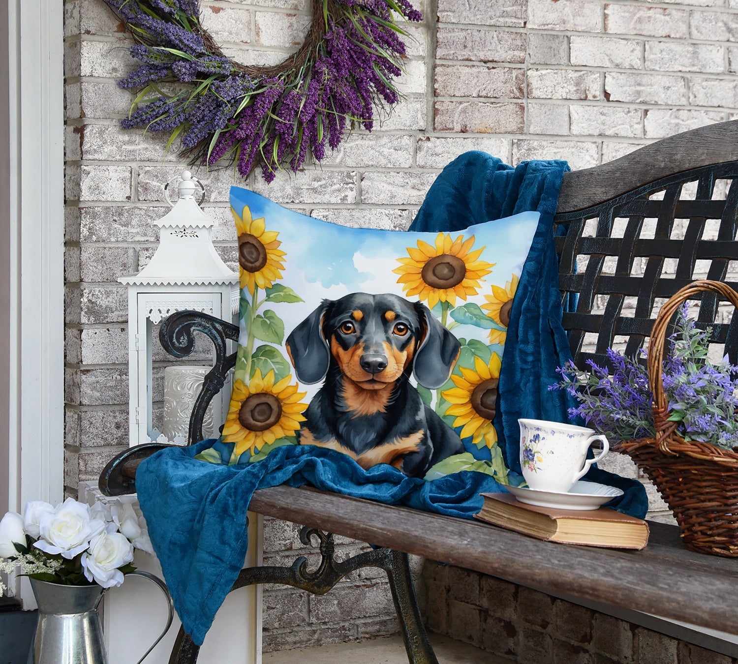 Dachshund in Sunflowers Decorative Throw Pillow 18x18 Indoor Outdoor Accent Cushion, Fabric Cover with Insert for Sofa, Bed, Porch & Living Room