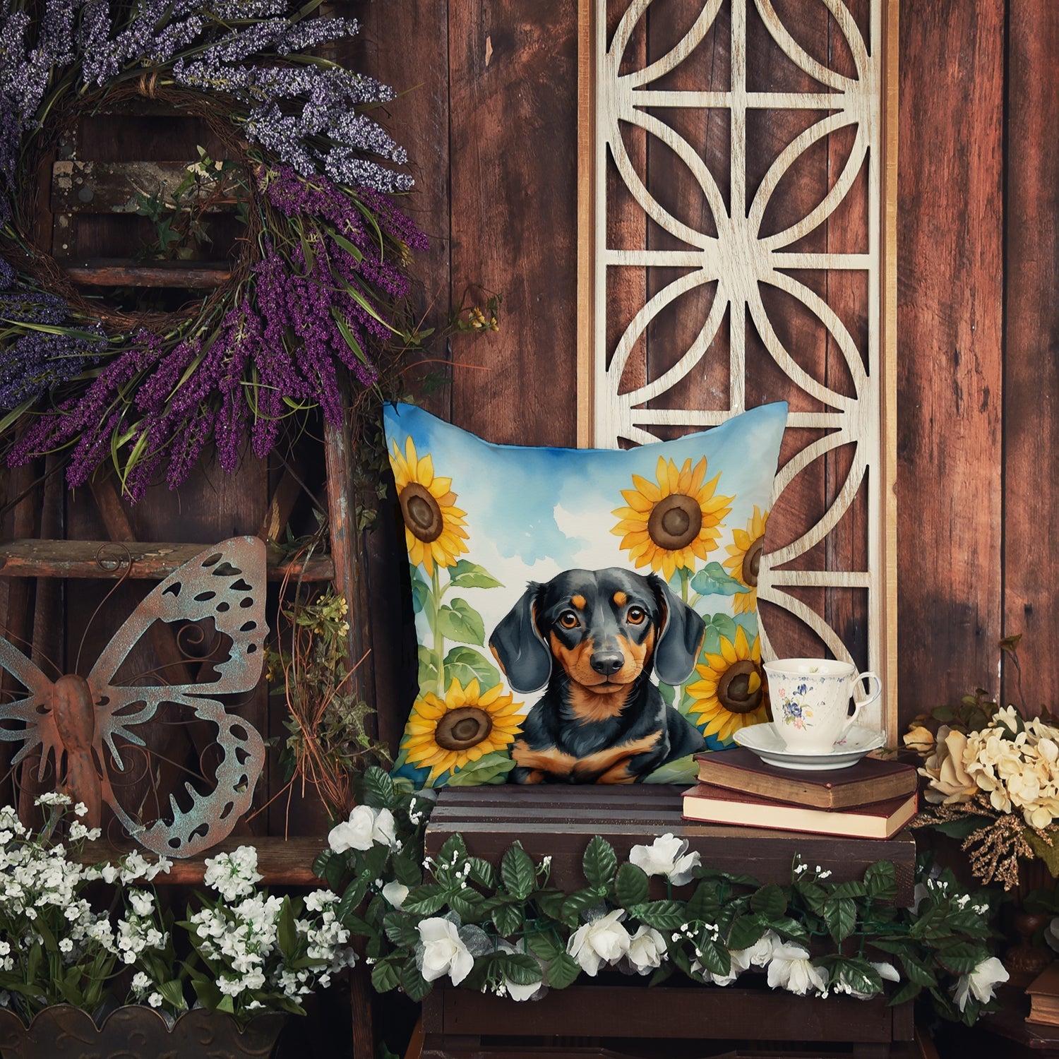 Dachshund in Sunflowers Decorative Throw Pillow 18x18 Indoor Outdoor Accent Cushion, Fabric Cover with Insert for Sofa, Bed, Porch & Living Room