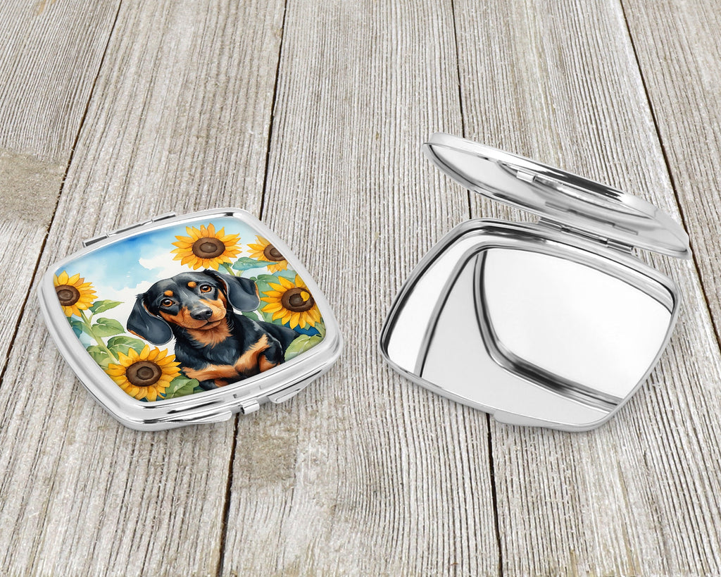 Dachshund in Sunflowers Compact Mirror Decorative Travel Makeup Mirror for Women Girls Gifts Pocket Makeup Mirror Folding Handheld