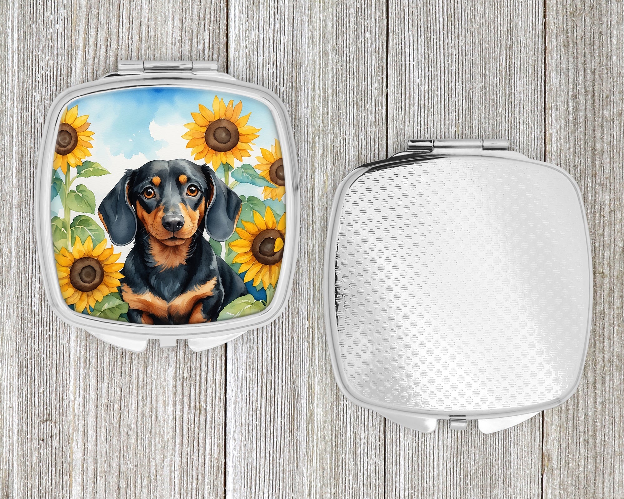 Dachshund in Sunflowers Compact Mirror Decorative Travel Makeup Mirror for Women Girls Gifts Pocket Makeup Mirror Folding Handheld
