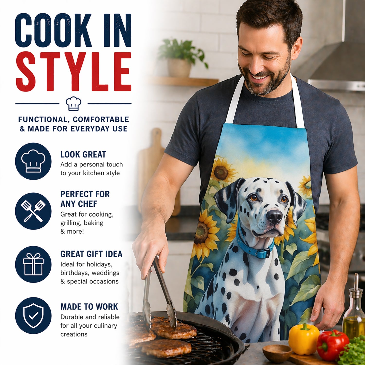 Dalmatian in Sunflowers Apron Cooking Kitchen Server Baking Crafts Gardening for Adult Women Men, Unisex, Large, Multicolor