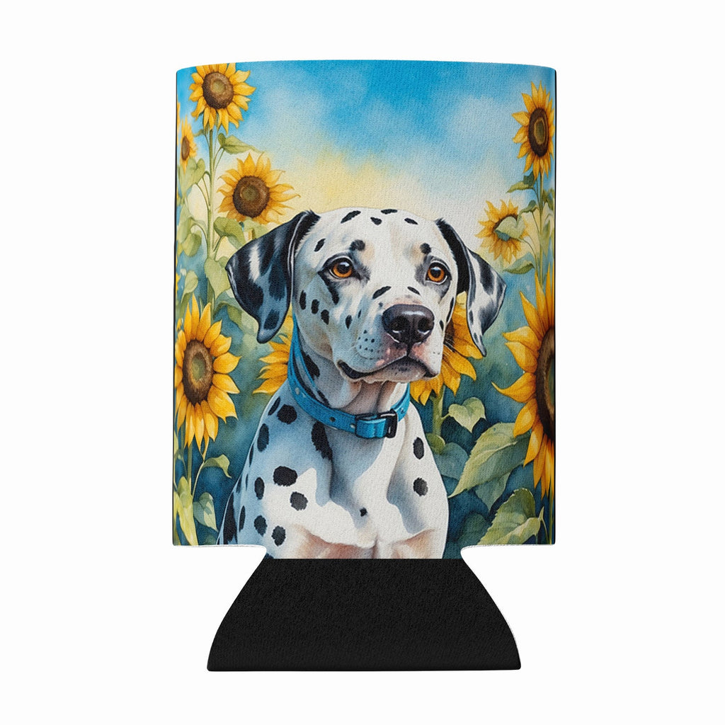 Dalmatian in Sunflowers Can or Bottle Hugger Cooler Sleeve for Standard 12 oz Cans, Insulated Foam Beer & Soda Can Hugger Reusable