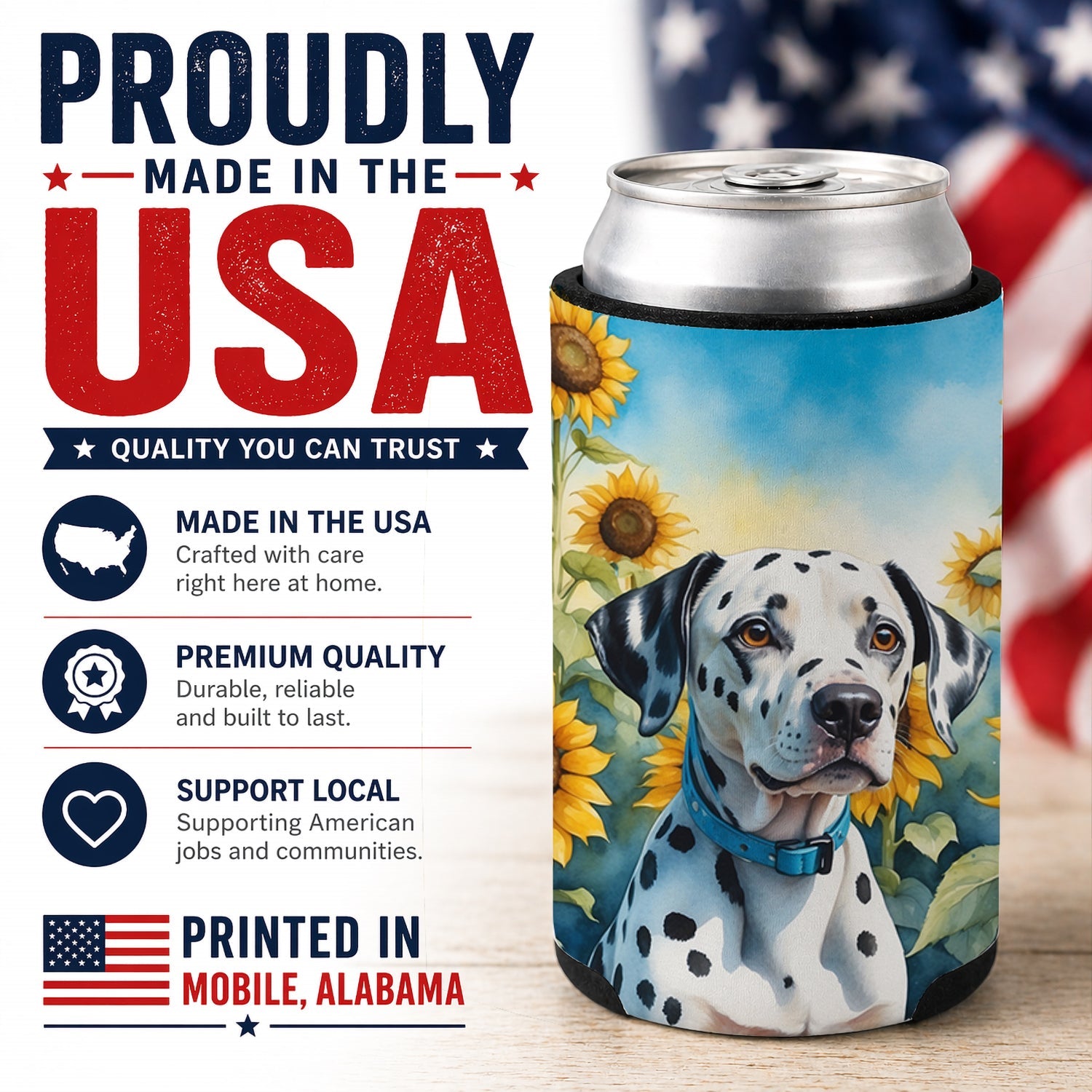 Dalmatian in Sunflowers Can or Bottle Hugger Cooler Sleeve for Standard 12 oz Cans, Insulated Foam Beer & Soda Can Hugger Reusable