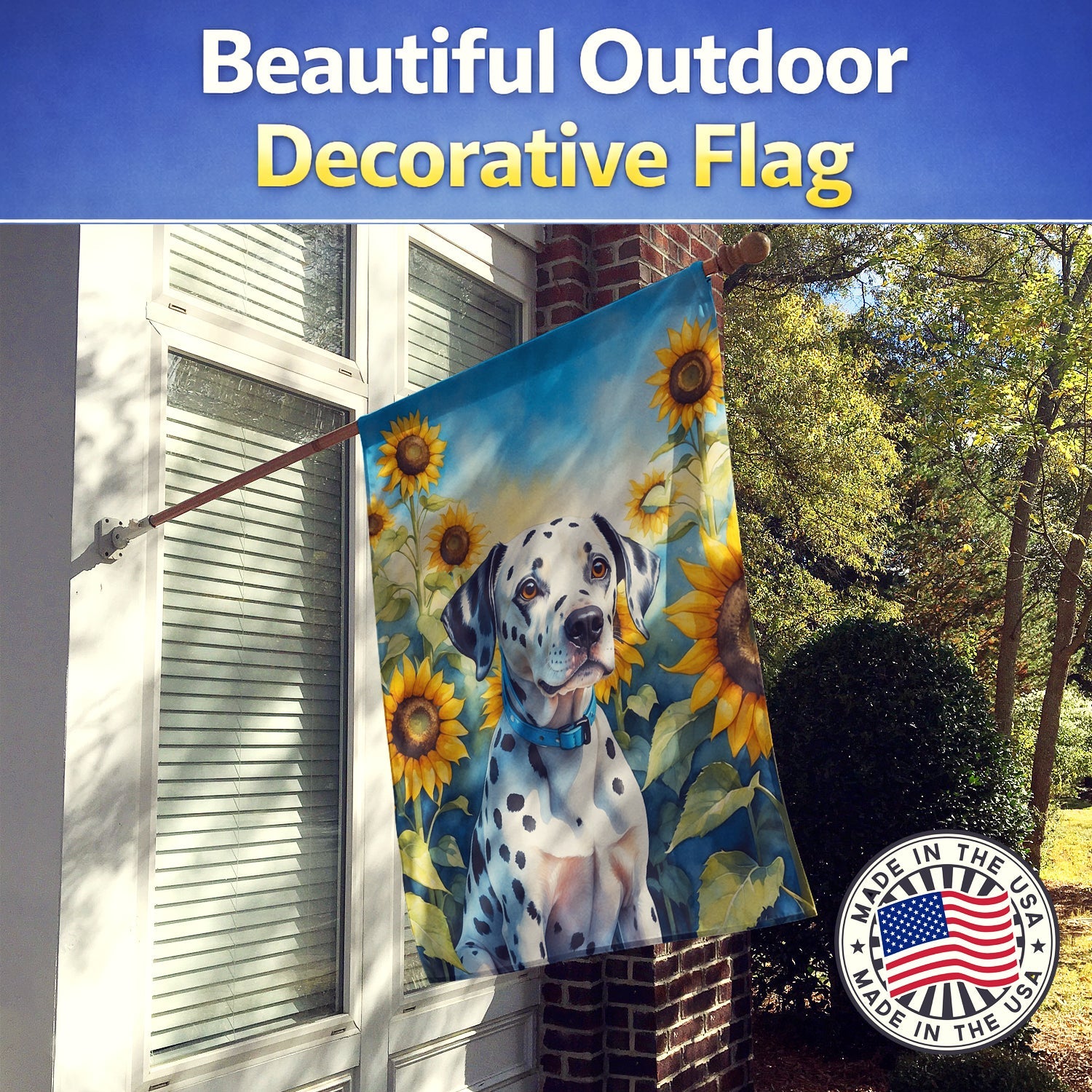 Dalmatian in Sunflowers House Flag 28x40 Porch Sleeve Pole Decorative Outside Yard Banner Artwork Wall Hanging, Polyester