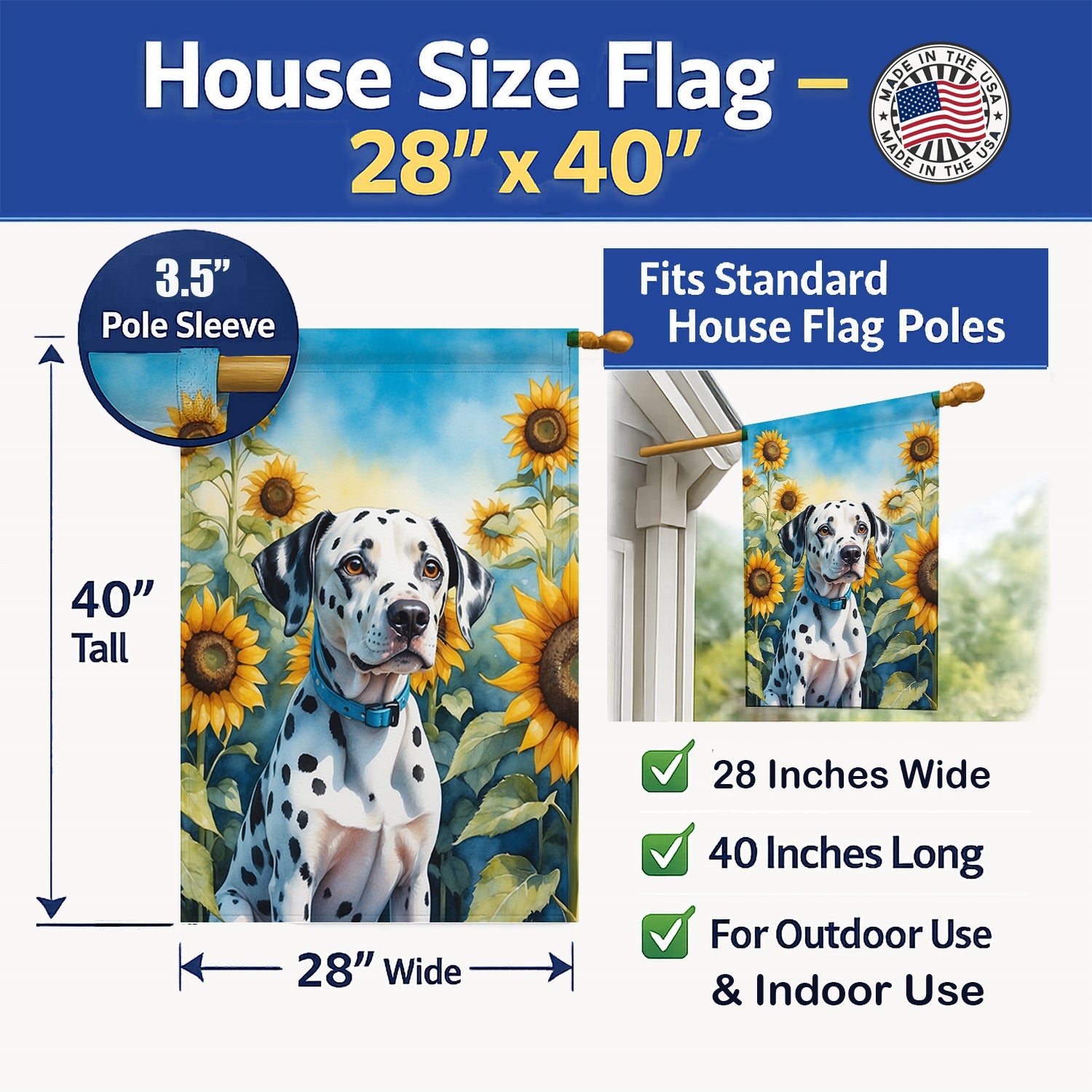 Dalmatian in Sunflowers House Flag 28x40 Porch Sleeve Pole Decorative Outside Yard Banner Artwork Wall Hanging, Polyester