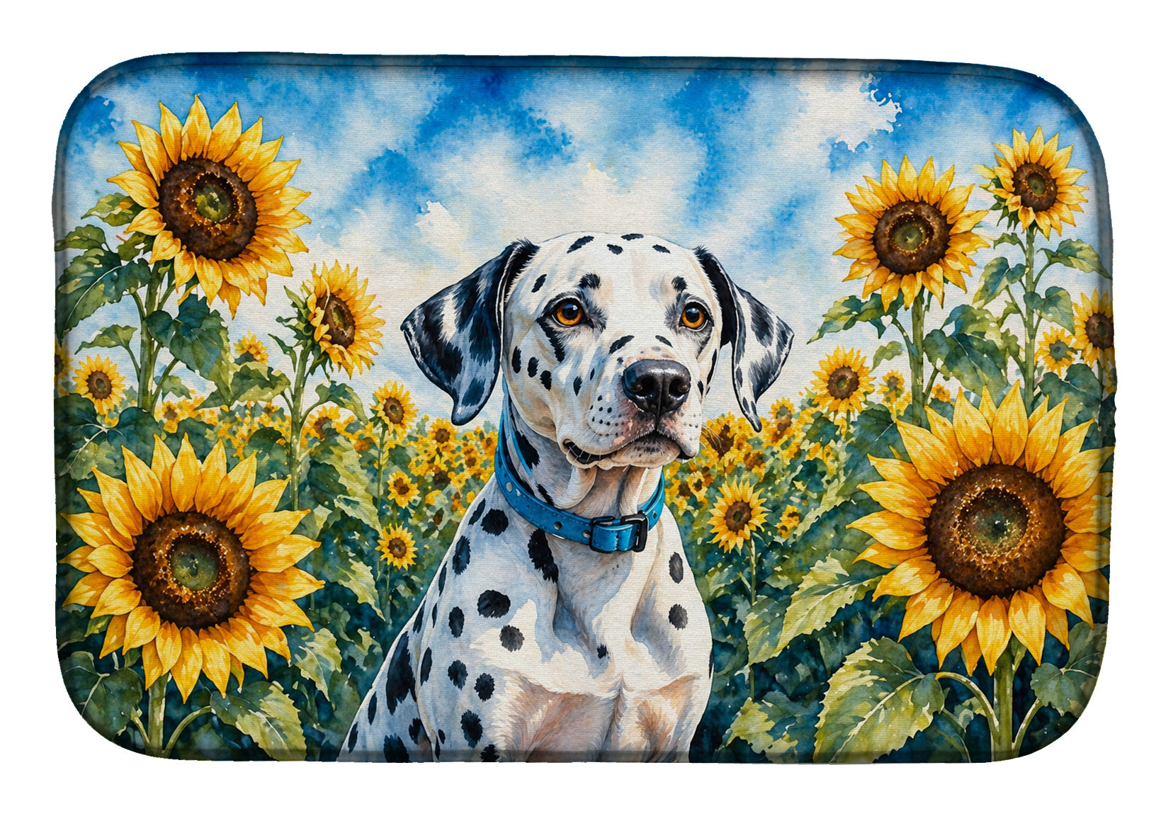 Dalmatian in Sunflowers Dish Drying Mat Absorbent Dish Drying Mat Pad for Kitchen Counter Dish Drainer Mat for Countertop, 14 x 21", Multicolor