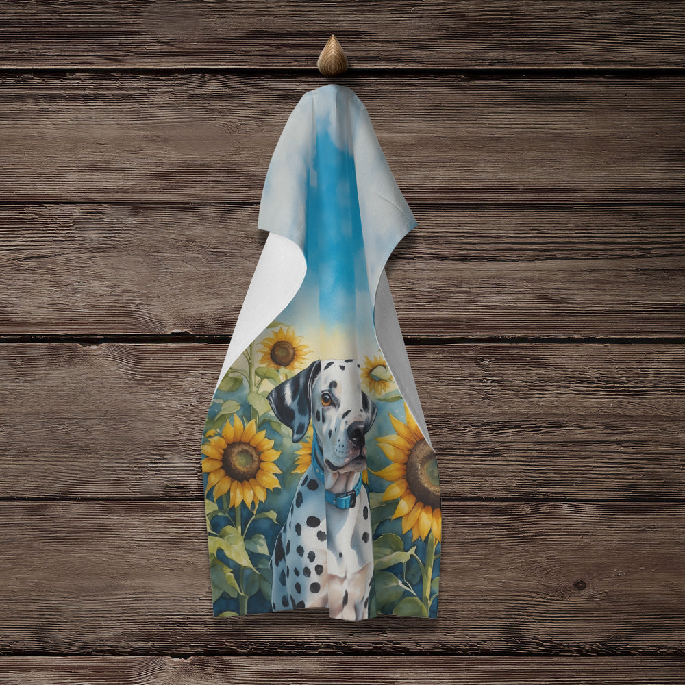 Dalmatian in Sunflowers Kitchen Towel Velour Plush Front and Cotton Loop Back Machine Washable