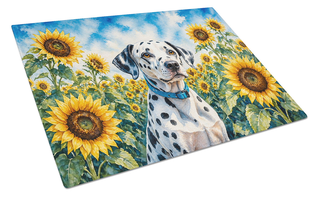 Dalmatian in Sunflowers Cutting Board Tempered Glass Kitchen Cutting Surface, Heat Resistant Chopping Board with Non-Slip Feet, Decorative Food Prep & Serving