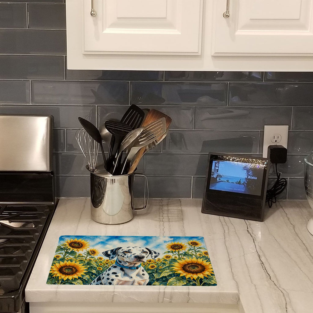 Dalmatian in Sunflowers Cutting Board Tempered Glass Kitchen Cutting Surface, Heat Resistant Chopping Board with Non-Slip Feet, Decorative Food Prep & Serving