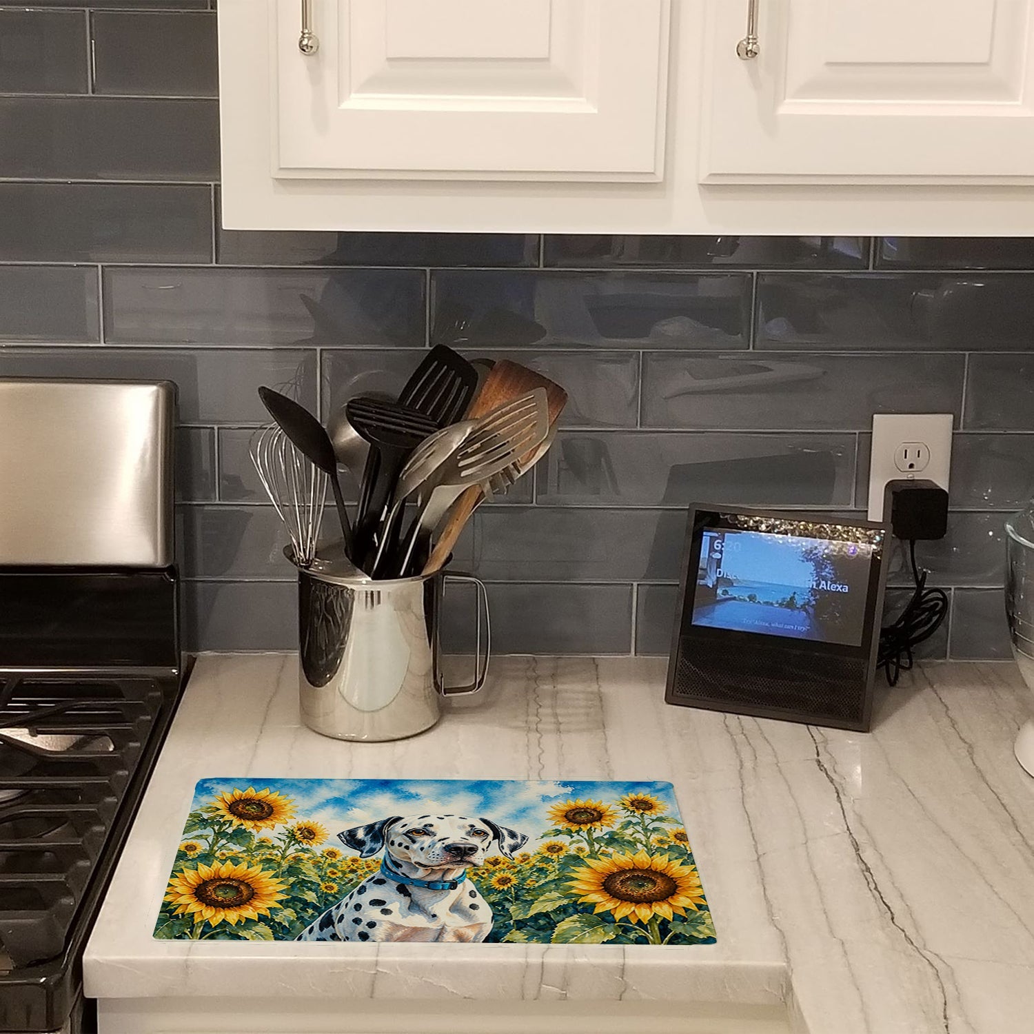 Dalmatian in Sunflowers Cutting Board Tempered Glass Kitchen Cutting Surface, Heat Resistant Chopping Board with Non-Slip Feet, Decorative Food Prep & Serving