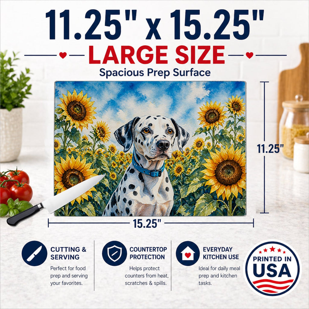Dalmatian in Sunflowers Cutting Board Tempered Glass Kitchen Cutting Surface, Heat Resistant Chopping Board with Non-Slip Feet, Decorative Food Prep & Serving