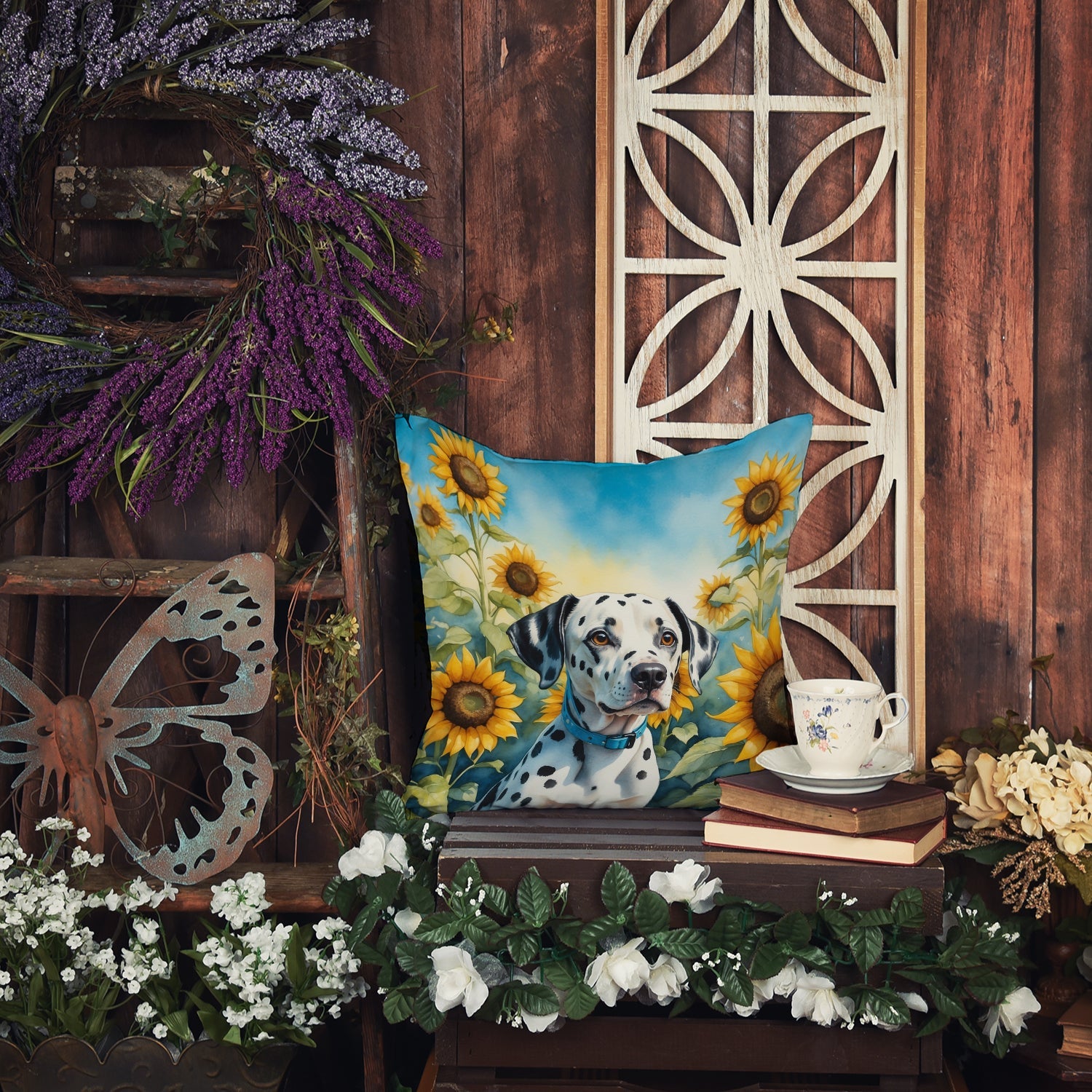 Dalmatian in Sunflowers Decorative Throw Pillow 14x14 Indoor Outdoor Accent Cushion, Fabric Cover with Insert for Sofa, Bed, Porch & Living Room