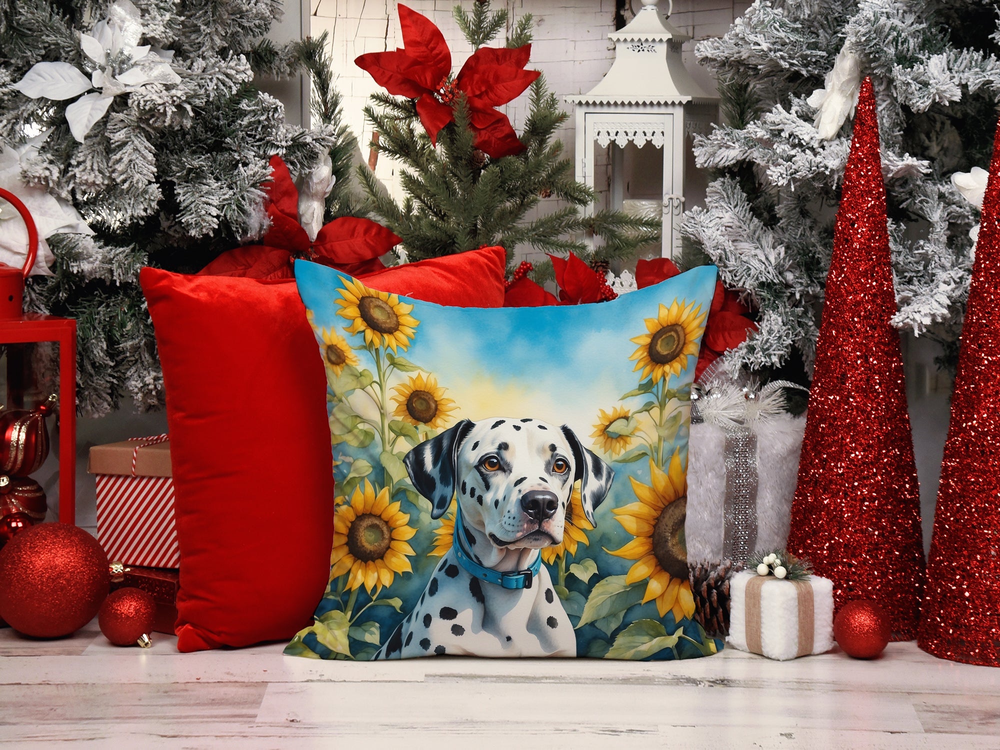 Dalmatian in Sunflowers Decorative Throw Pillow 14x14 Indoor Outdoor Accent Cushion, Fabric Cover with Insert for Sofa, Bed, Porch & Living Room