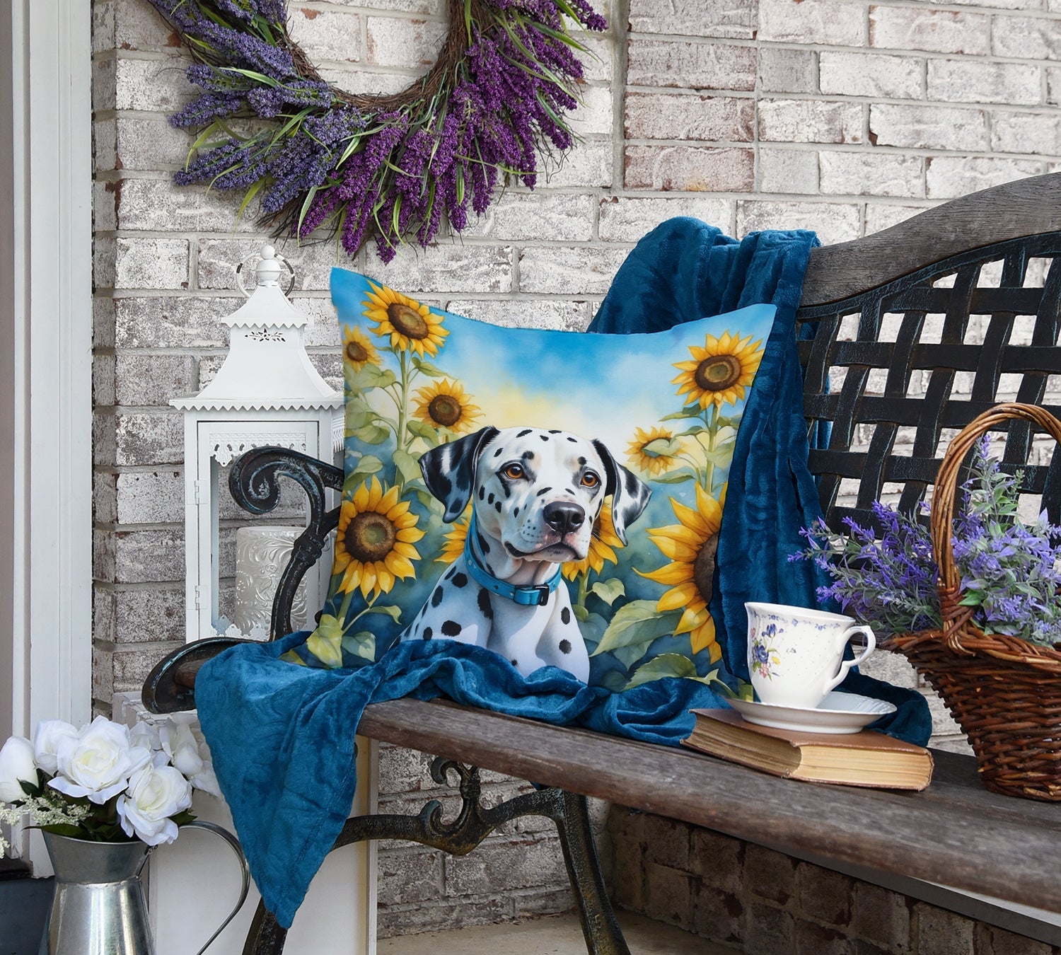 Dalmatian in Sunflowers Decorative Throw Pillow 18x18 Indoor Outdoor Accent Cushion, Fabric Cover with Insert for Sofa, Bed, Porch & Living Room