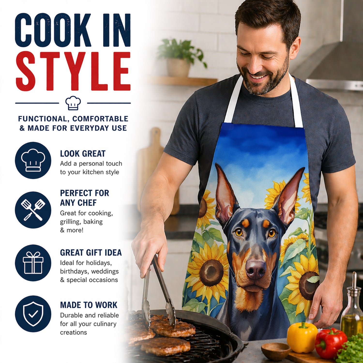 Doberman Pinscher in Sunflowers Apron Cooking Kitchen Server Baking Crafts Gardening for Adult Women Men, Unisex, Large, Multicolor