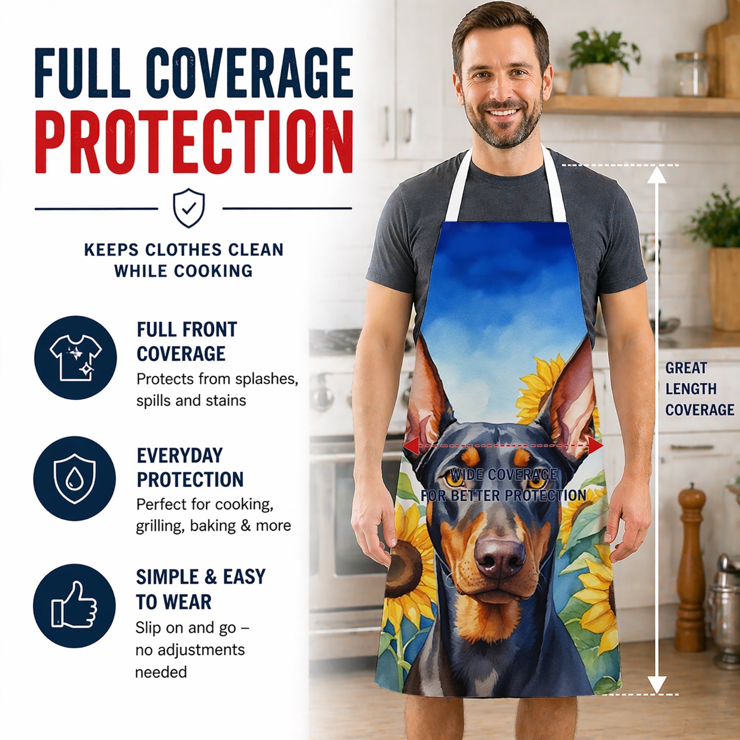Doberman Pinscher in Sunflowers Apron Cooking Kitchen Server Baking Crafts Gardening for Adult Women Men, Unisex, Large, Multicolor